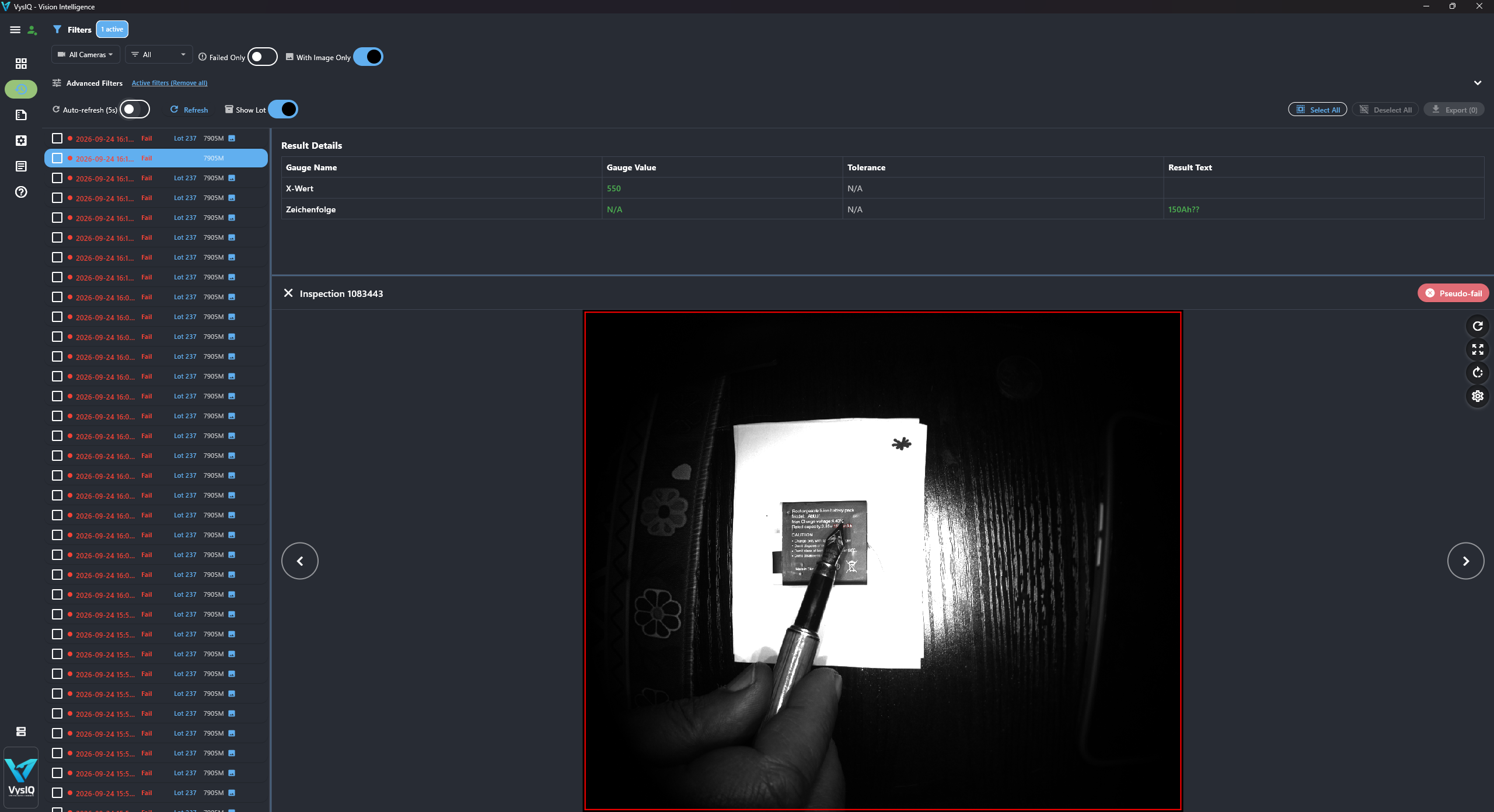 VysIQ-Prüfhistorie aus der Produktpräsentation